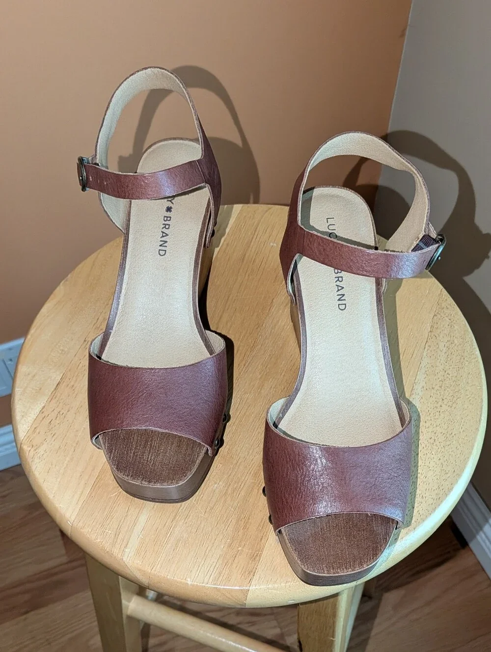New Lucky Brand Brown Leather Platform Ankle-Strap Sandals Size 7.5